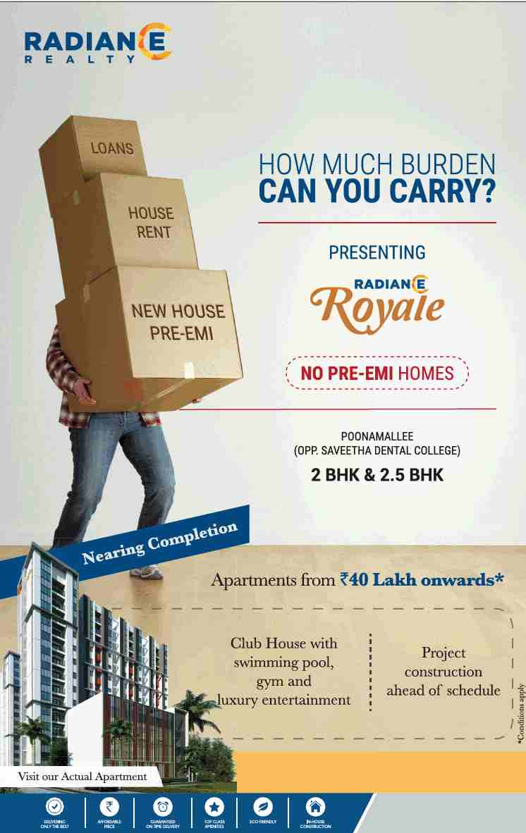 Reside in no pre-EMI homes at Radiance Royale in Chennai